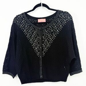 Manoush Black Knit Pearl Seed Beaded Lightweight Holiday Cardigan Sweater